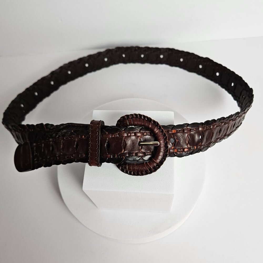 Retro Leather Med. Belt – Brown Braided Y2K Boho Croc Embossed Style 32"-38"